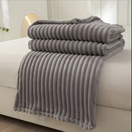 Κουβέρτα Fleece υπέρδιπλη 220*240 βελούδινη Με ρίγες γκρι 